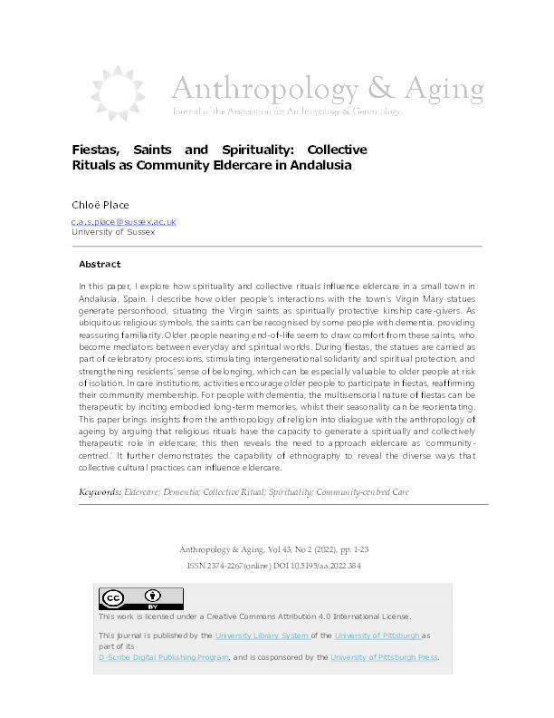 Fiestas, saints and spirituality: Collective rituals as community eldercare in Andalusia Thumbnail