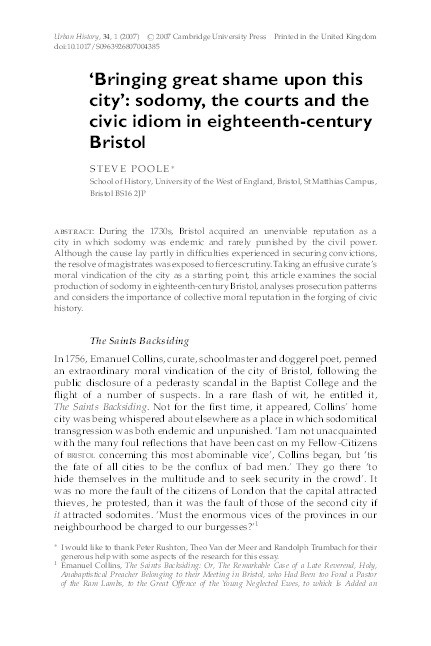 'Bringing great shame upon this city': Sodomy, the courts and the civic idiom in eighteenth-century Bristol Thumbnail