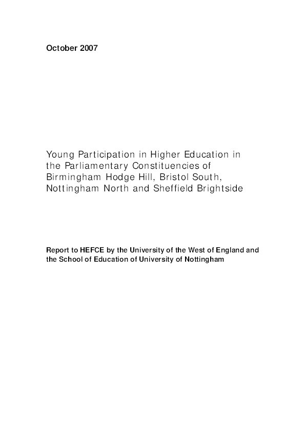 Young participation in higher education in the parliamentary constituencies of Birmingham Hodge Hill, Bristol South, Nottingham North and Sheffield Brightside Thumbnail
