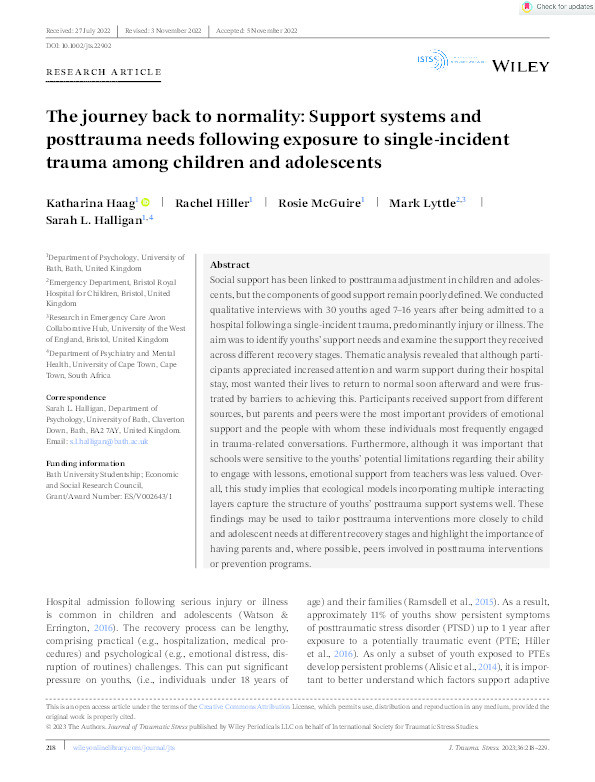 The journey back to normality: Support systems and posttrauma needs following exposure to single-incident trauma among children and adolescents Thumbnail