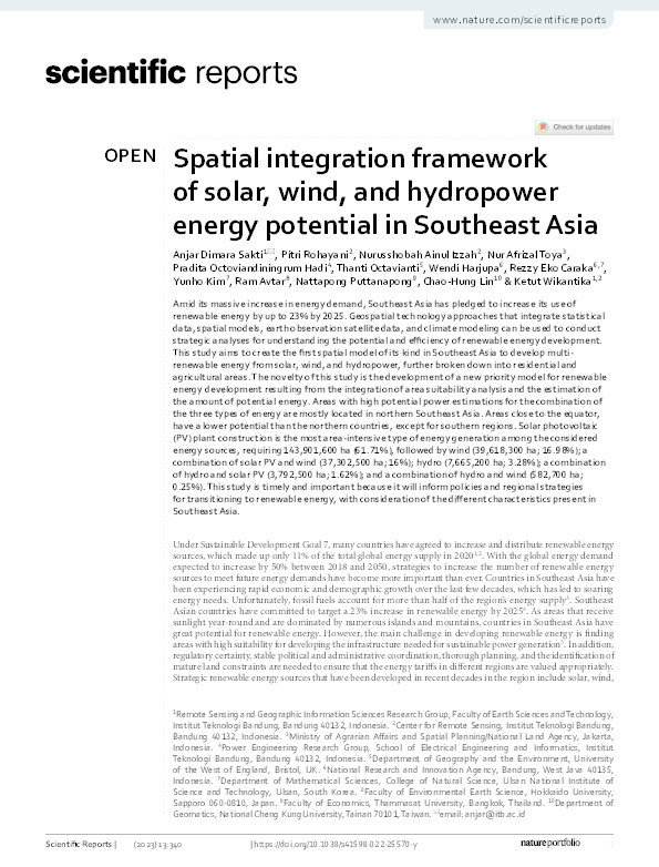 Spatial integration framework of solar, wind, and hydropower energy potential in Southeast Asia Thumbnail