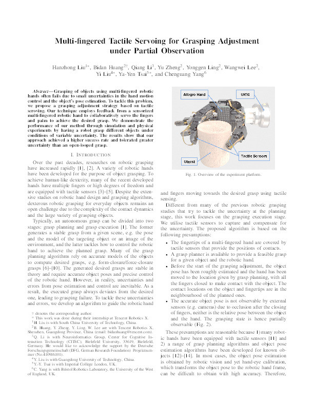 Multi-fingered tactile servoing for grasping adjustment under partial observation Thumbnail