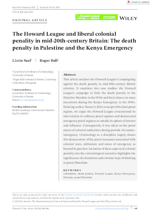 The Howard League and liberal colonial penality in mid-20th-century Britain: The death penalty in Palestine and the Kenya Emergency Thumbnail