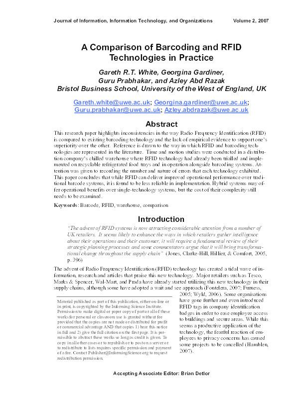 A comparison of barcoding and RFID technologies in practice Thumbnail