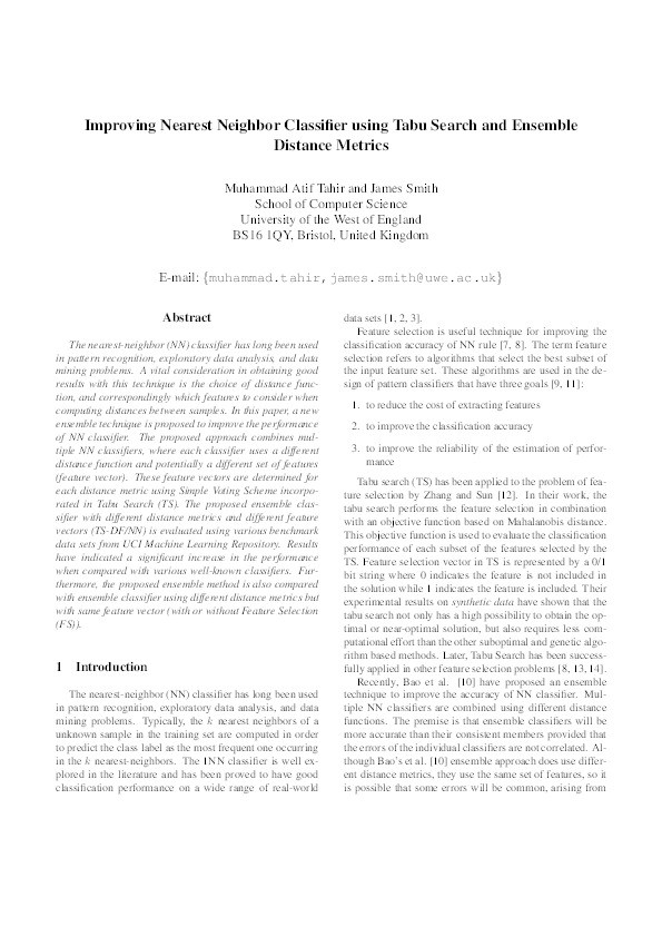 Improving nearest neighbor classifier using tabu search and ensemble distance metrics Thumbnail