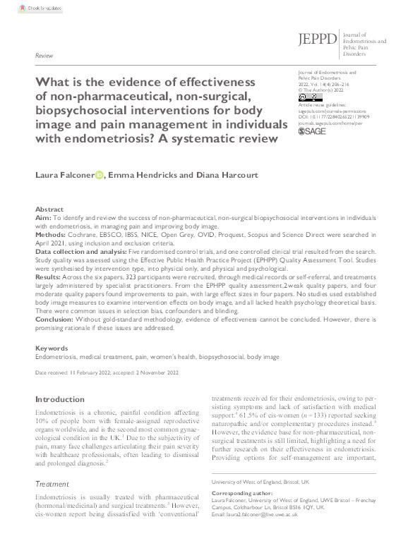 What is the evidence of effectiveness of non-pharmaceutical, non-surgical, biopsychosocial interventions for body image and pain management in individuals with endometriosis? A systematic review Thumbnail