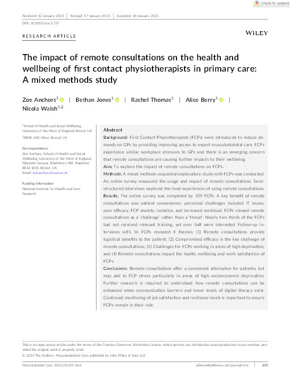 The impact of remote consultations on the health and wellbeing of first contact physiotherapists in primary care: A mixed methods study Thumbnail