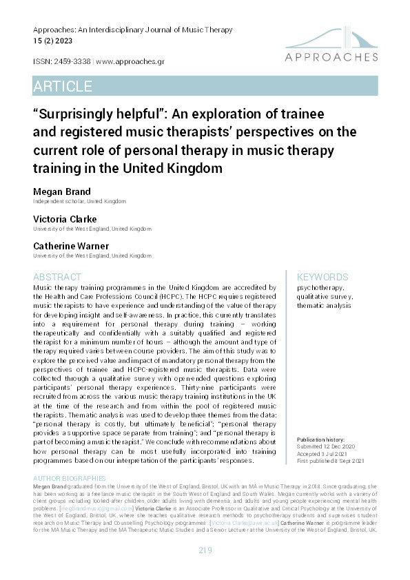 "Surprisingly helpful": An exploration of trainee and registered music therapists' perspectives on the current role of personal therapy in music therapy training in the United Kingdom Thumbnail