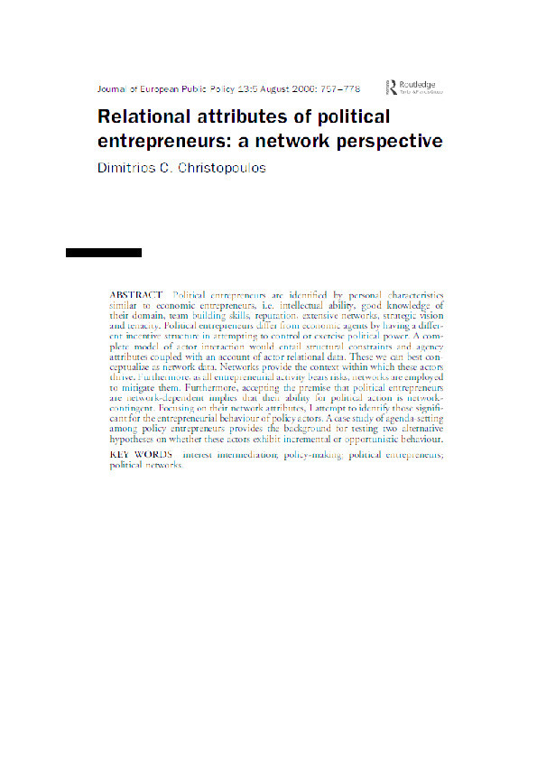 Relational attributes of political entrepreneurs: A network perspective Thumbnail