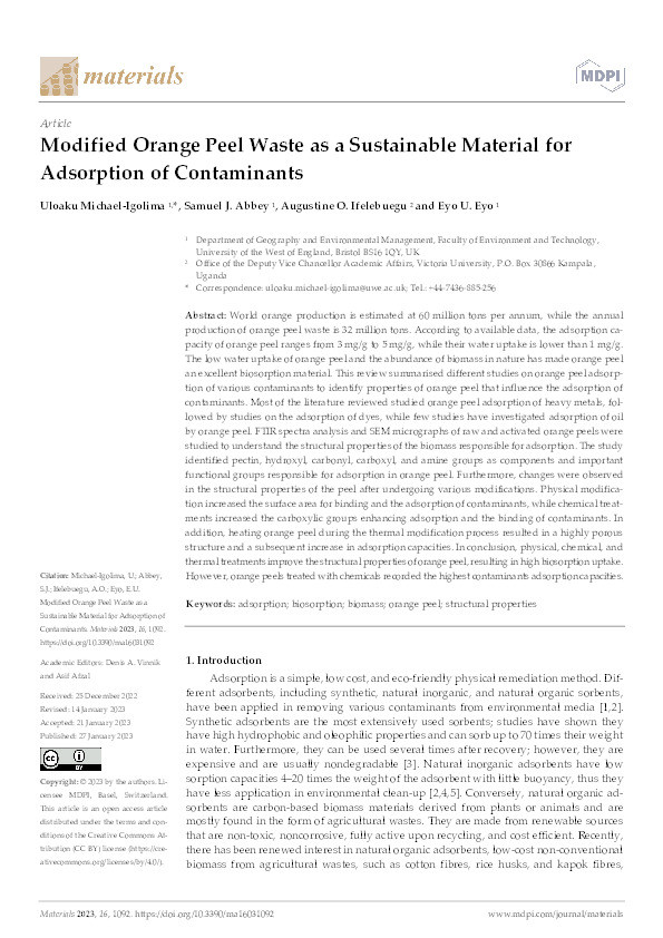 Modified orange peel waste as a sustainable material for the adsorption of contaminants Thumbnail