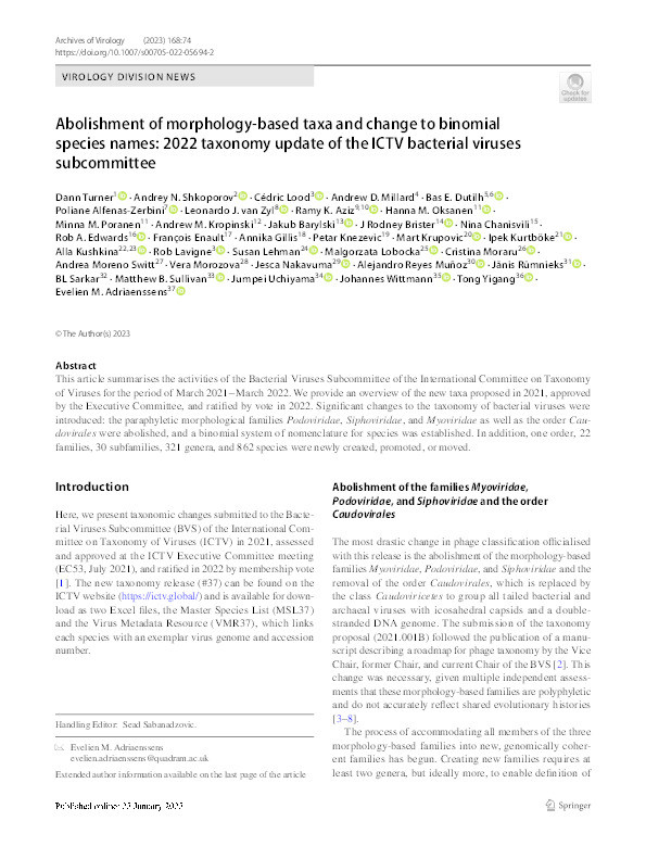 Abolishment of morphology-based taxa and change to binomial species names: 2022 taxonomy update of the ICTV bacterial viruses subcommittee Thumbnail