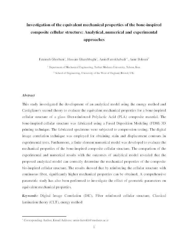 Investigation of the equivalent mechanical properties of the bone-inspired composite cellular structure: Analytical, numerical and experimental approaches Thumbnail