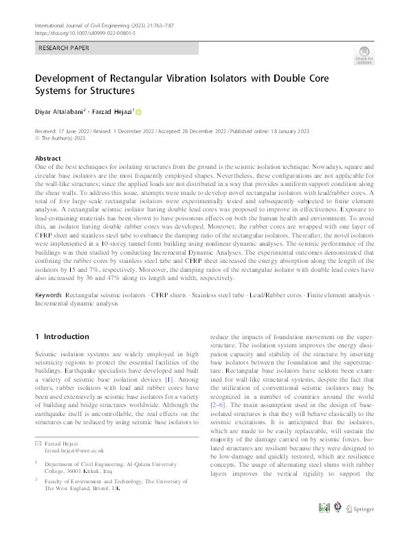 Development of rectangular vibration isolators with double core systems for structures Thumbnail