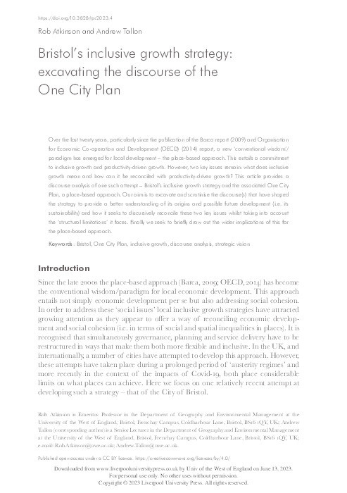 Bristol’s inclusive growth strategy: Excavating the discourse of the One City Plan Thumbnail