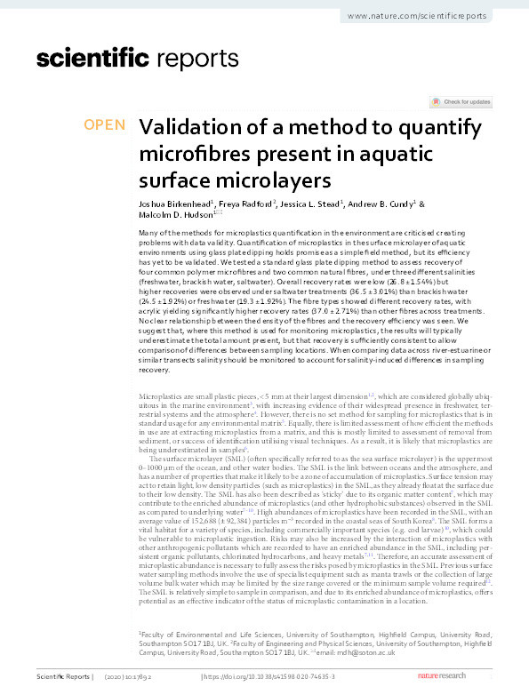 Validation of a method to quantify microfibres present in aquatic surface microlayers Thumbnail