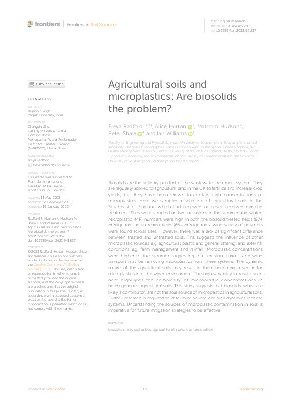 Agricultural soils and microplastics: Are biosolids the problem? Thumbnail