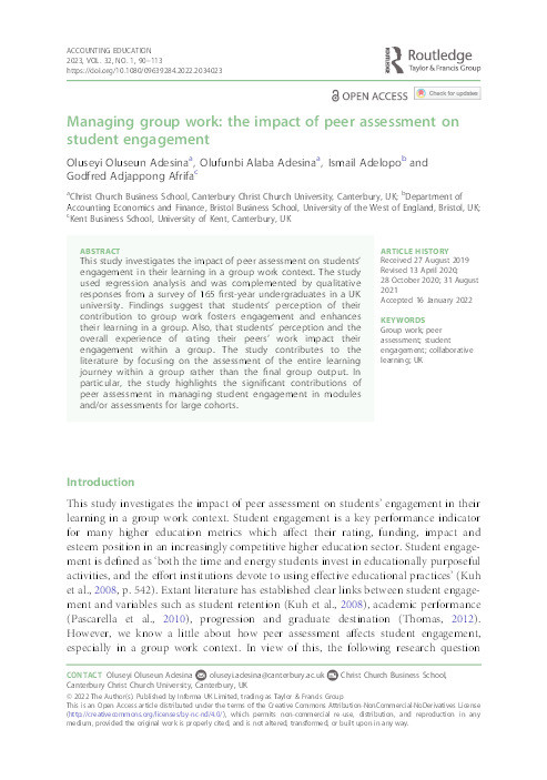 Managing group work: The impact of peer assessment on student engagement Thumbnail