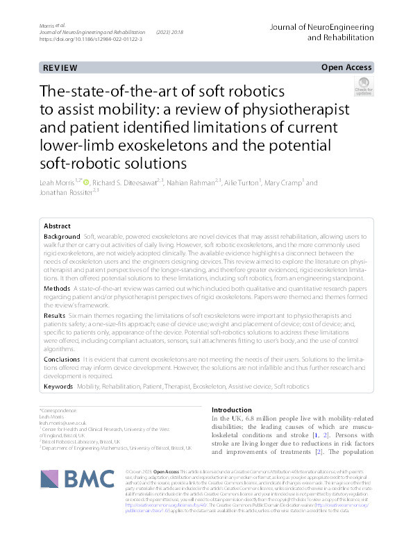 The-state-of-the-art of soft robotics to assist mobility: A review of physiotherapist and patient identified limitations of current lower-limb exoskeletons and the potential soft-robotic solutions Thumbnail