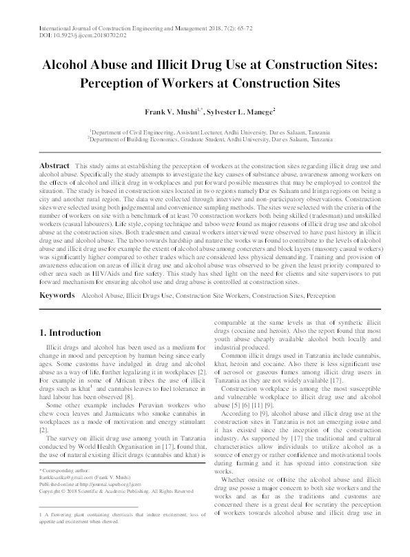 Alcohol abuse and illicit drug use at construction sites: Perception of workers at construction sites Thumbnail