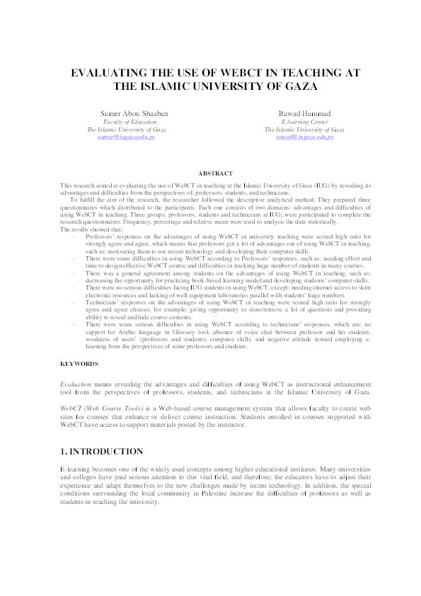 Evaluating the use of WebCT in teaching at the Islamic University of Gaza Thumbnail