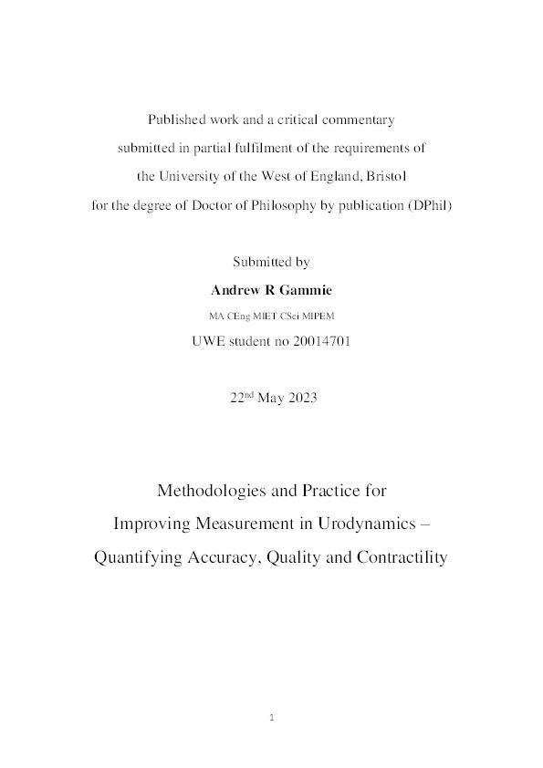 Methodologies and practice for improving  measurement in urodynamics – quantifying accuracy, quality and contractility Thumbnail