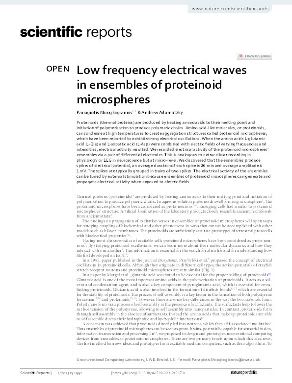 Low frequency electrical waves in ensembles of proteinoid microspheres Thumbnail