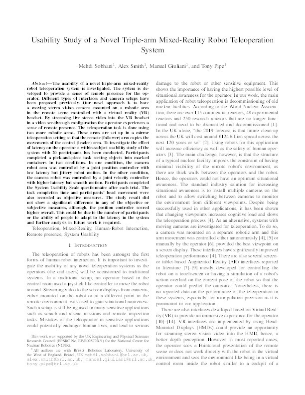 Usability study of a novel triple-arm mixed-reality robot teleoperation system Thumbnail