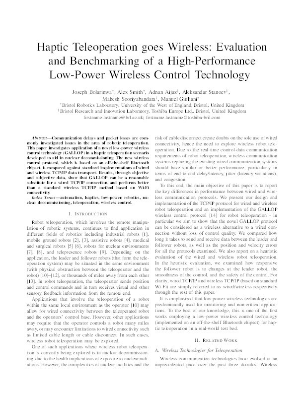 Haptic teleoperation goes wireless: Evaluation and benchmarking of a high-performance low-power wireless control technology Thumbnail