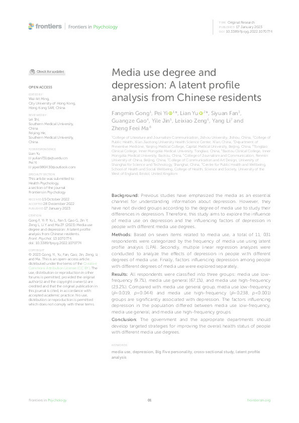 Media use degree and depression: A latent profile analysis from Chinese residents Thumbnail