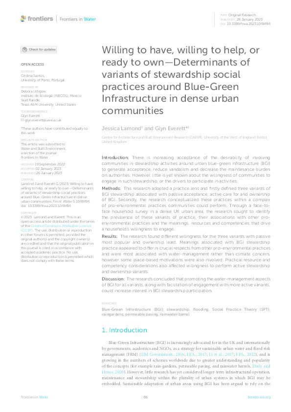 Willing to have, willing to help, or ready to own — Determinants of variants of stewardship social practices around blue-green infrastructure in dense urban communities Thumbnail