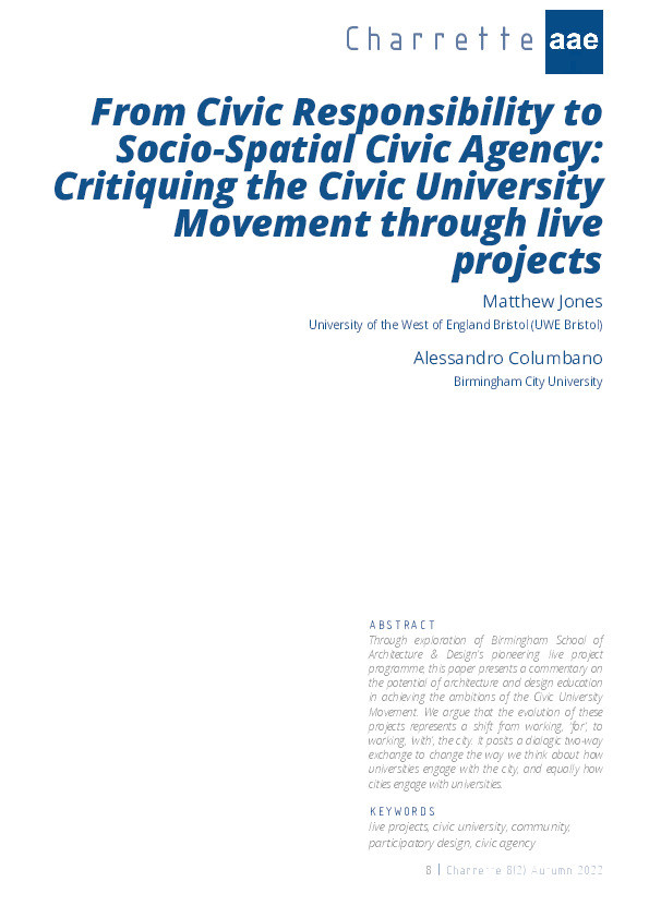 From civic responsibility to socio-spatial civic agency: Critiquing the civic university movement through live projects Thumbnail