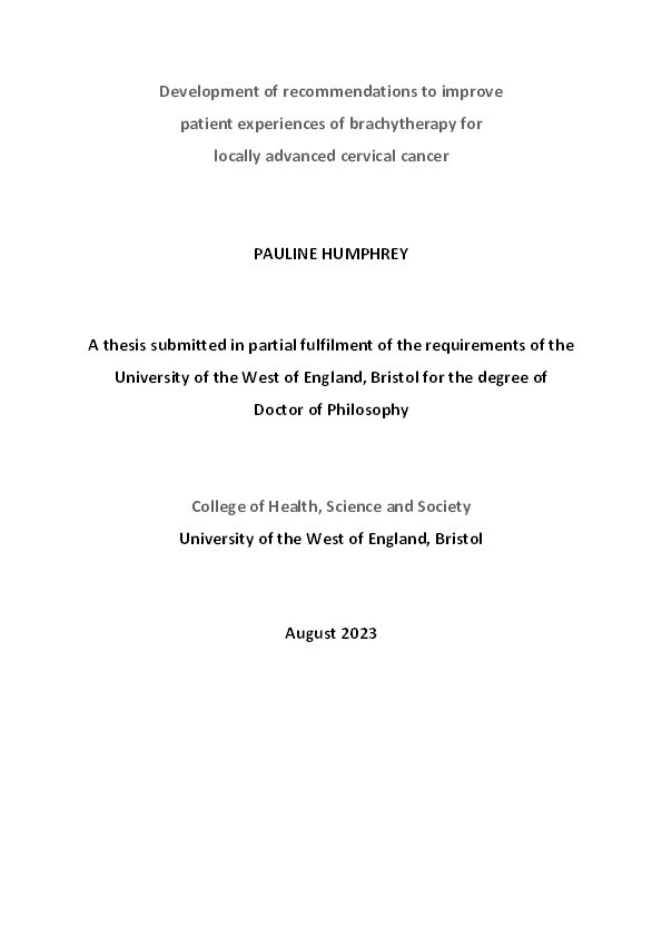 Development of recommendations to improve  patient experiences of brachytherapy for  locally advanced cervical cancer Thumbnail