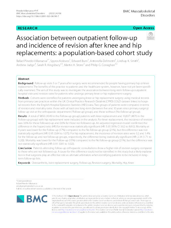 Association between outpatient follow-up and incidence of revision after knee and hip replacements: a population-based cohort study Thumbnail