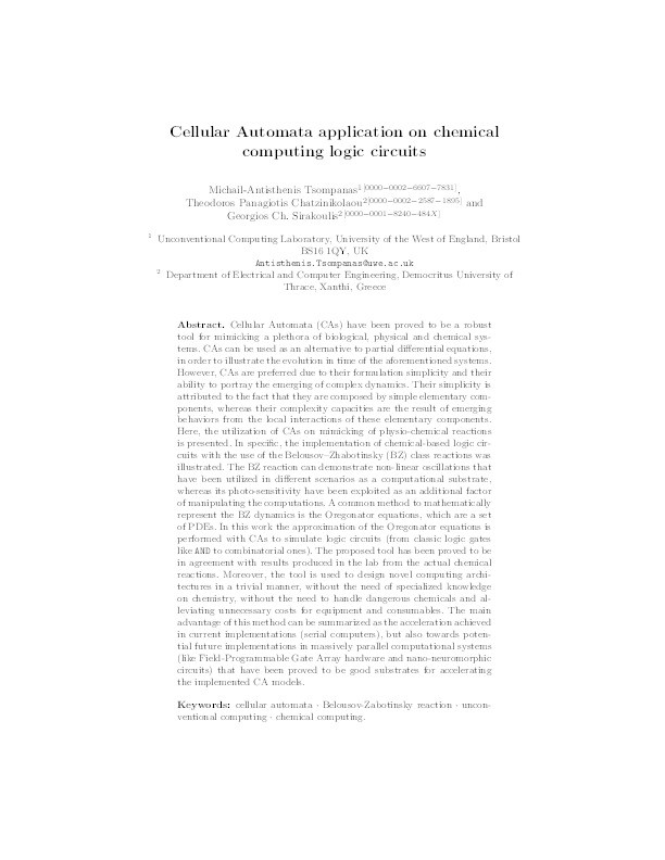 Cellular automata application on chemical computing logic circuits Thumbnail
