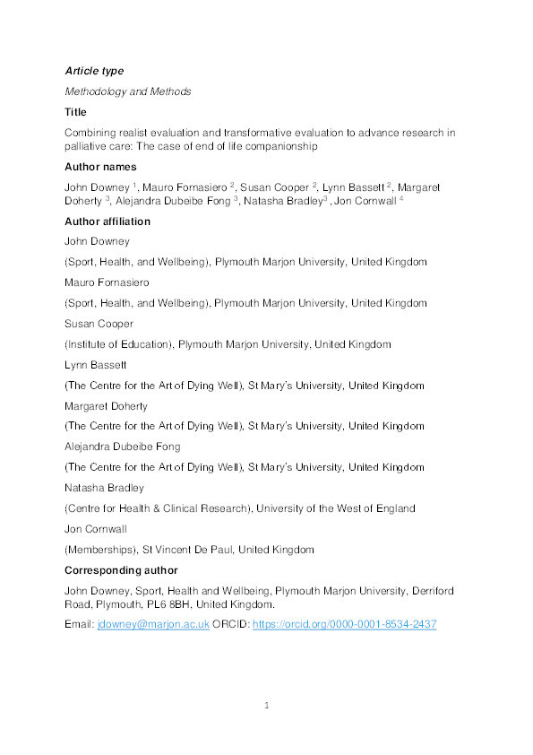 Combining realist evaluation and transformative evaluation to advance research in palliative care: The case of end of life companionship Thumbnail