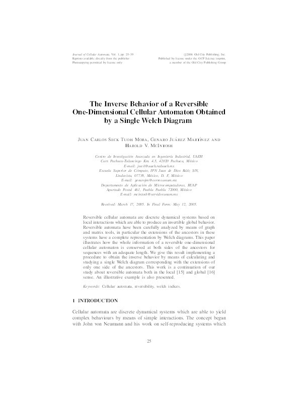 The inverse behavior of a reversible one-dimensional cellular automaton obtained by a single welch diagram Thumbnail