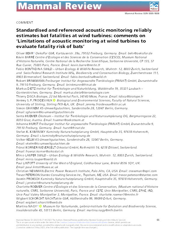 Standardised and referenced acoustic monitoring reliably estimates bat fatalities at wind turbines: Comments on ‘Limitations of acoustic monitoring at wind turbines to evaluate fatality risk of bats’ Thumbnail