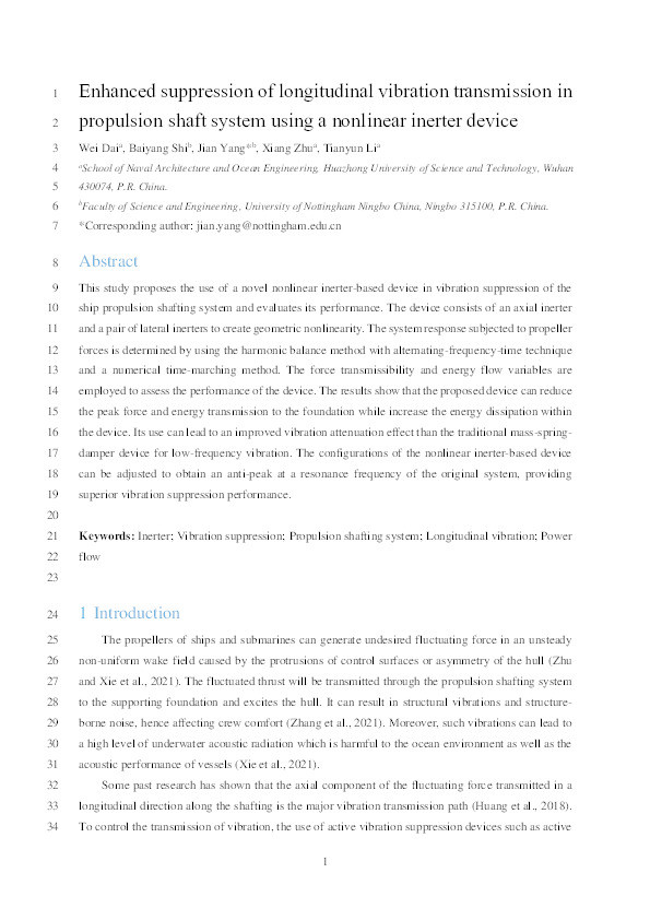 Enhanced suppression of longitudinal vibration transmission in propulsion shaft system using nonlinear tuned mass damper inerter Thumbnail