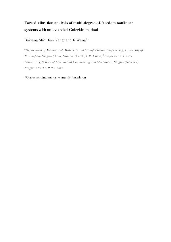 Forced vibration analysis of multi-degree-of-freedom nonlinear systems with the extended Galerkin method Thumbnail