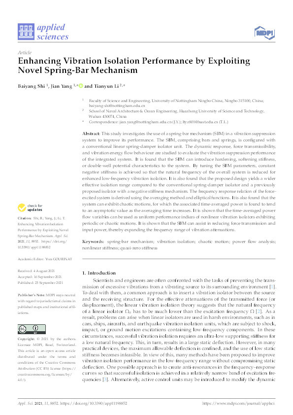 Enhancing vibration isolation performance by exploiting novel spring-bar mechanism Thumbnail