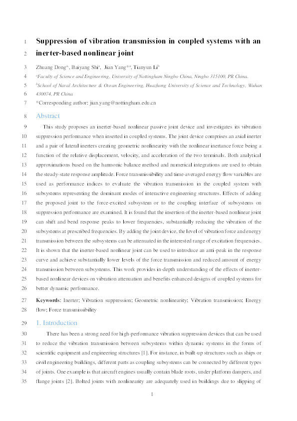 Suppression of vibration transmission in coupled systems with an inerter-based nonlinear joint Thumbnail