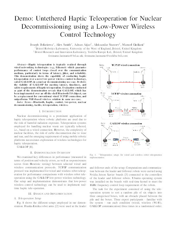 Demo: Untethered haptic teleoperation for nuclear decommissioning using a low-power wireless control technology Thumbnail