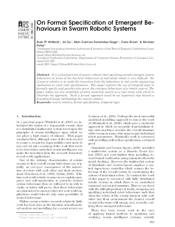 On formal specification of emergent behaviours in swarm robotic systems Thumbnail