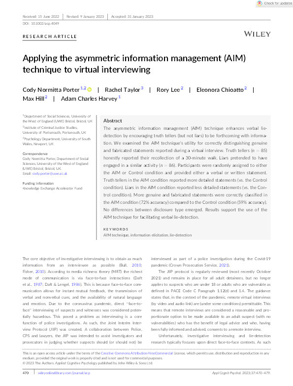 Applying the asymmetric information management (AIM) technique to virtual interviewing Thumbnail