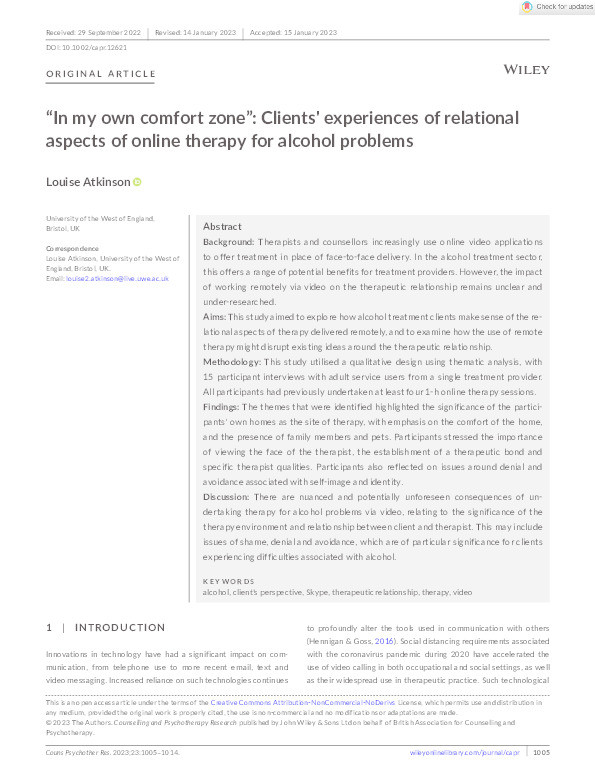 “In my own comfort zone”: Clients' experiences of relational aspects of online therapy for alcohol problems Thumbnail
