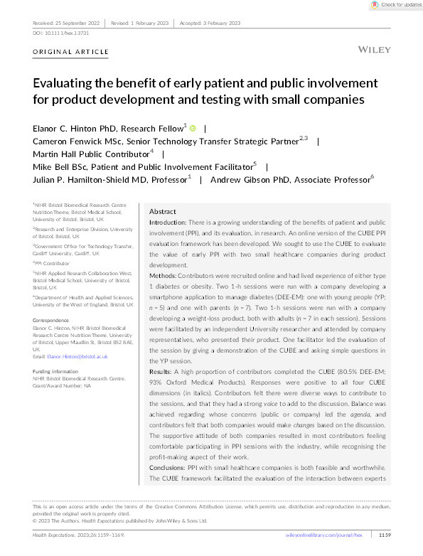 Evaluating the benefit of early patient and public involvement for product development and testing with small companies Thumbnail