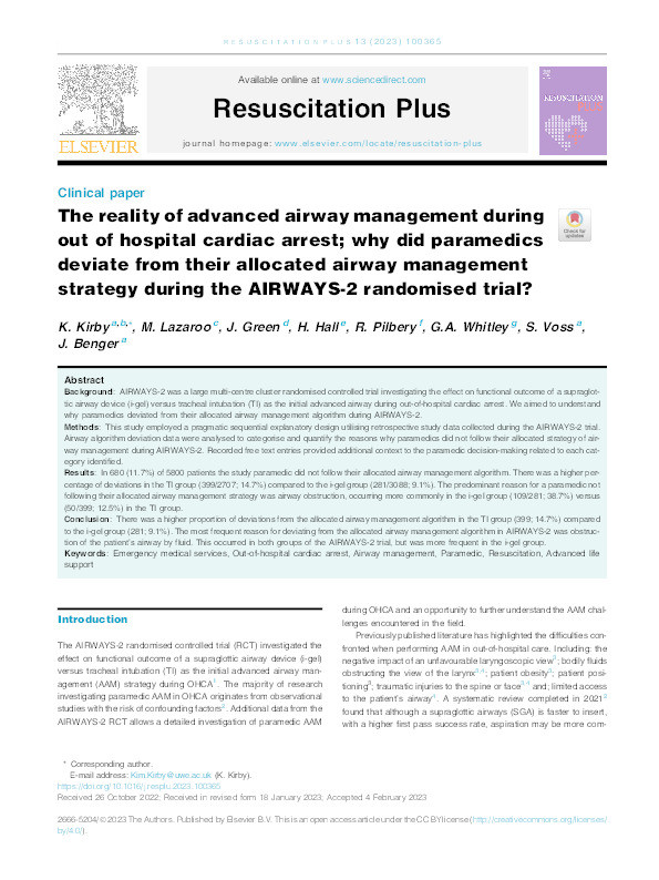 The reality of advanced airway management during out of hospital cardiac arrest; why did paramedics deviate from their allocated airway management strategy during the AIRWAYS-2 randomised trial? Thumbnail