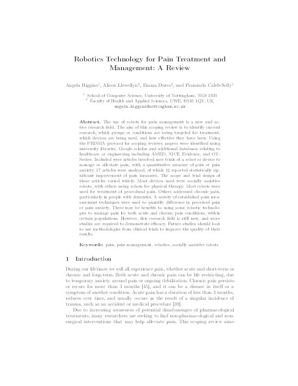 Robotics technology for pain treatment and management: A review Thumbnail