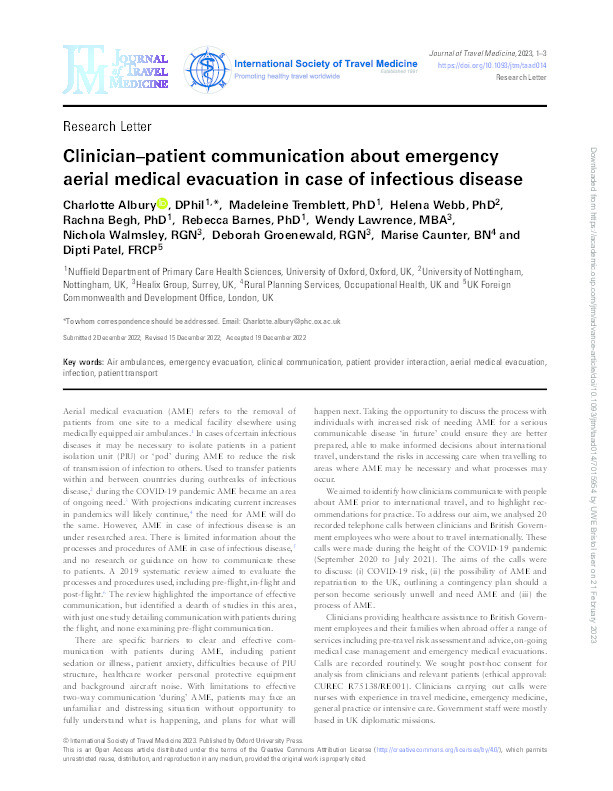Clinician-patient communication about emergency aerial medical evacuation in case of infectious disease Thumbnail