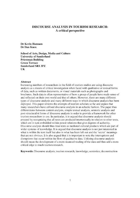 Discourse analysis in tourism research a critical perspective Thumbnail